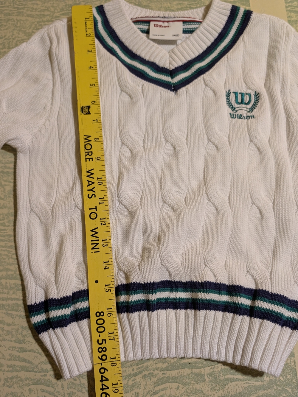 Wilson Women's White Cable-Knit V-Neck Sweater with Green & Navy Trim - Picture 5 of 7
